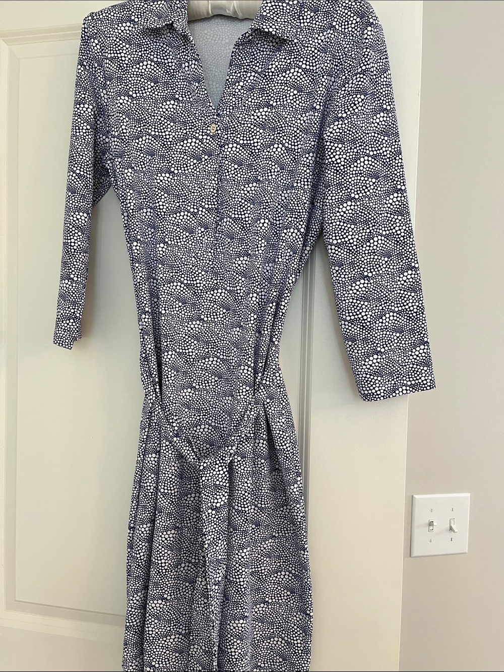 Long-Sleeve Navy and White Printed Shirt Dress with Self-Tie Waist